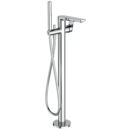Freistehende Wannenarmatur aus Chrom von Ideal Standard, mit separater Handbrause und flexibler Schlauchführung. Minimalistisches Design für moderne Badezimmer.